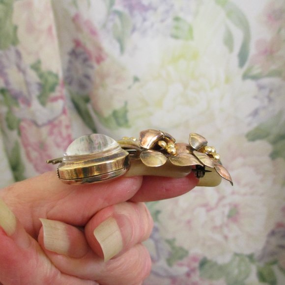 HARMAN Sterling Vermeil Mechanical Watch Brooch ~ 1930s Floral Wind Up Watch Pin - Picture 12 of 14